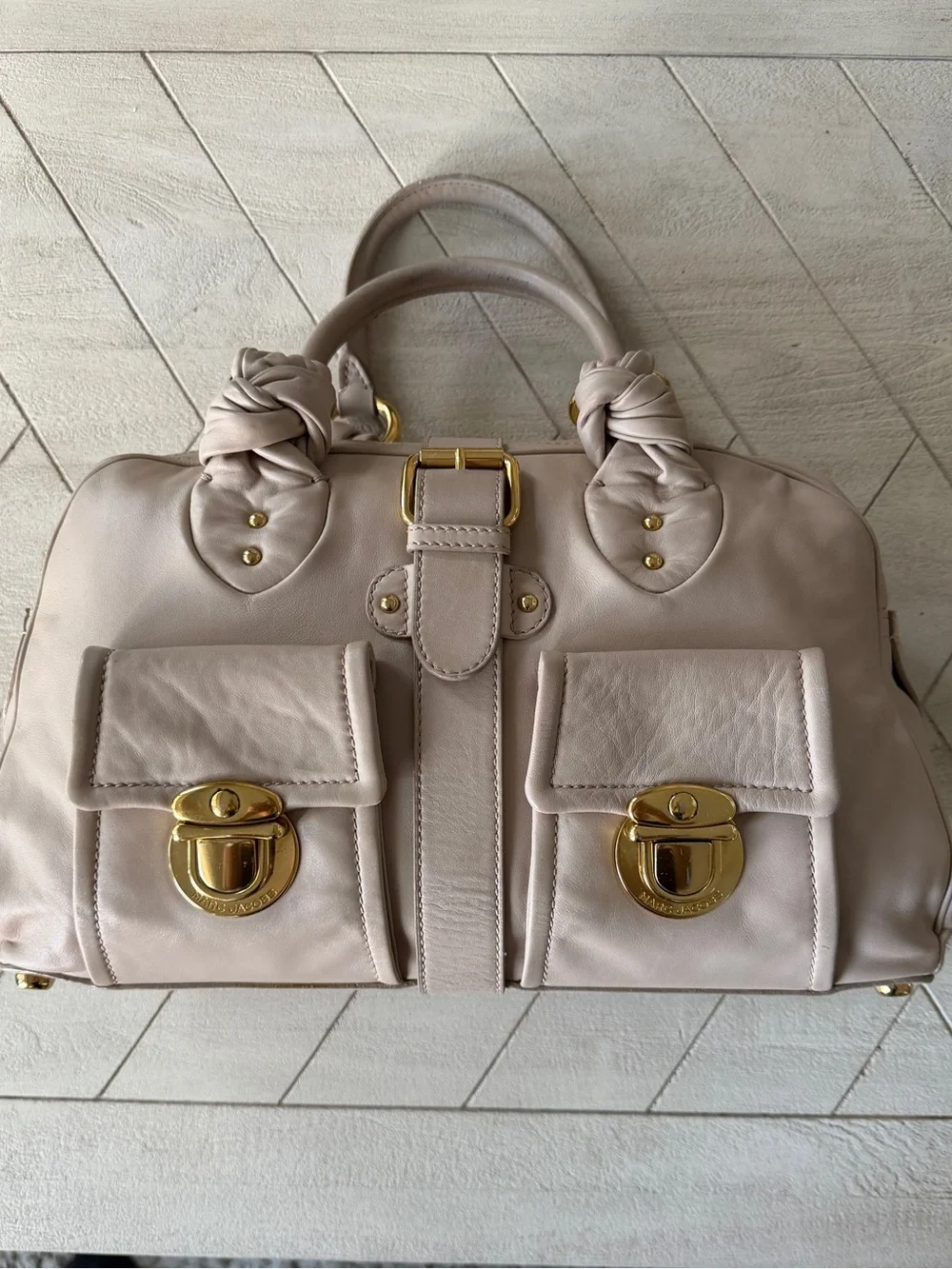 Marc Jacobs Ivory Leather Satchel Gold Hardware Double Pocket Purse Bag